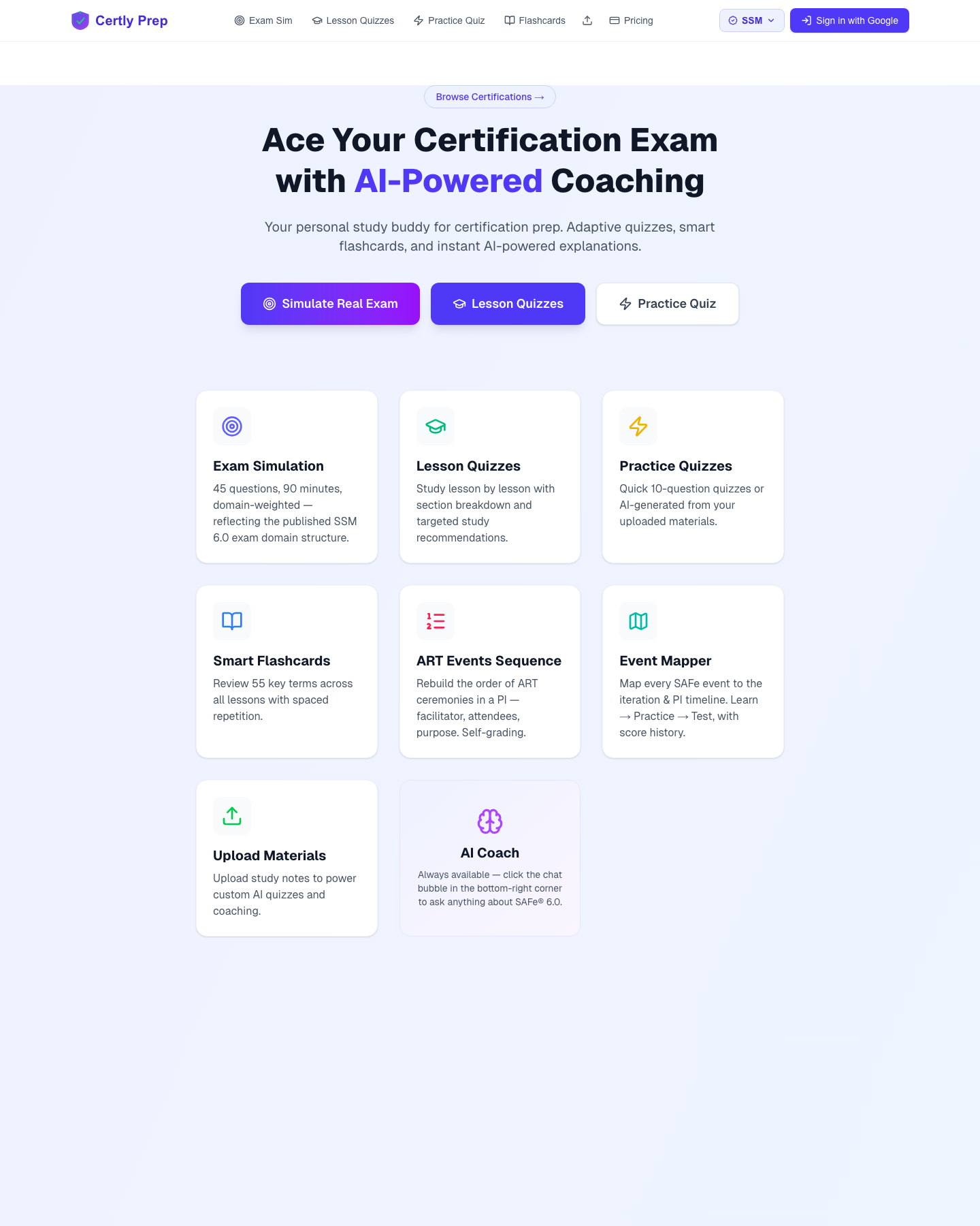 Certly Prep features — exam sim, lesson quizzes, flashcards, event mapper, AI coach