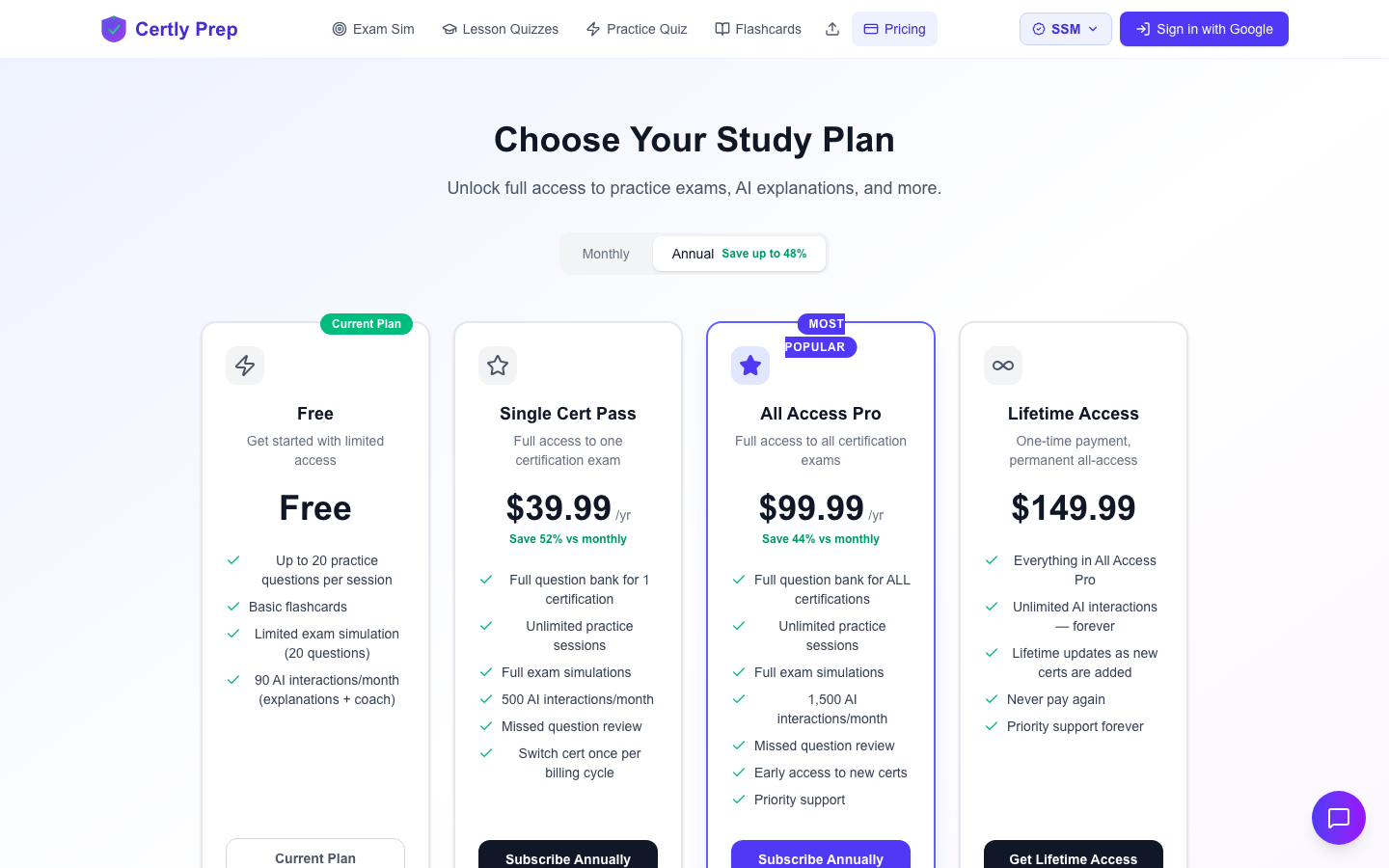 Certly Prep pricing — Free, Single Cert Pass, All Access Pro, Lifetime Access