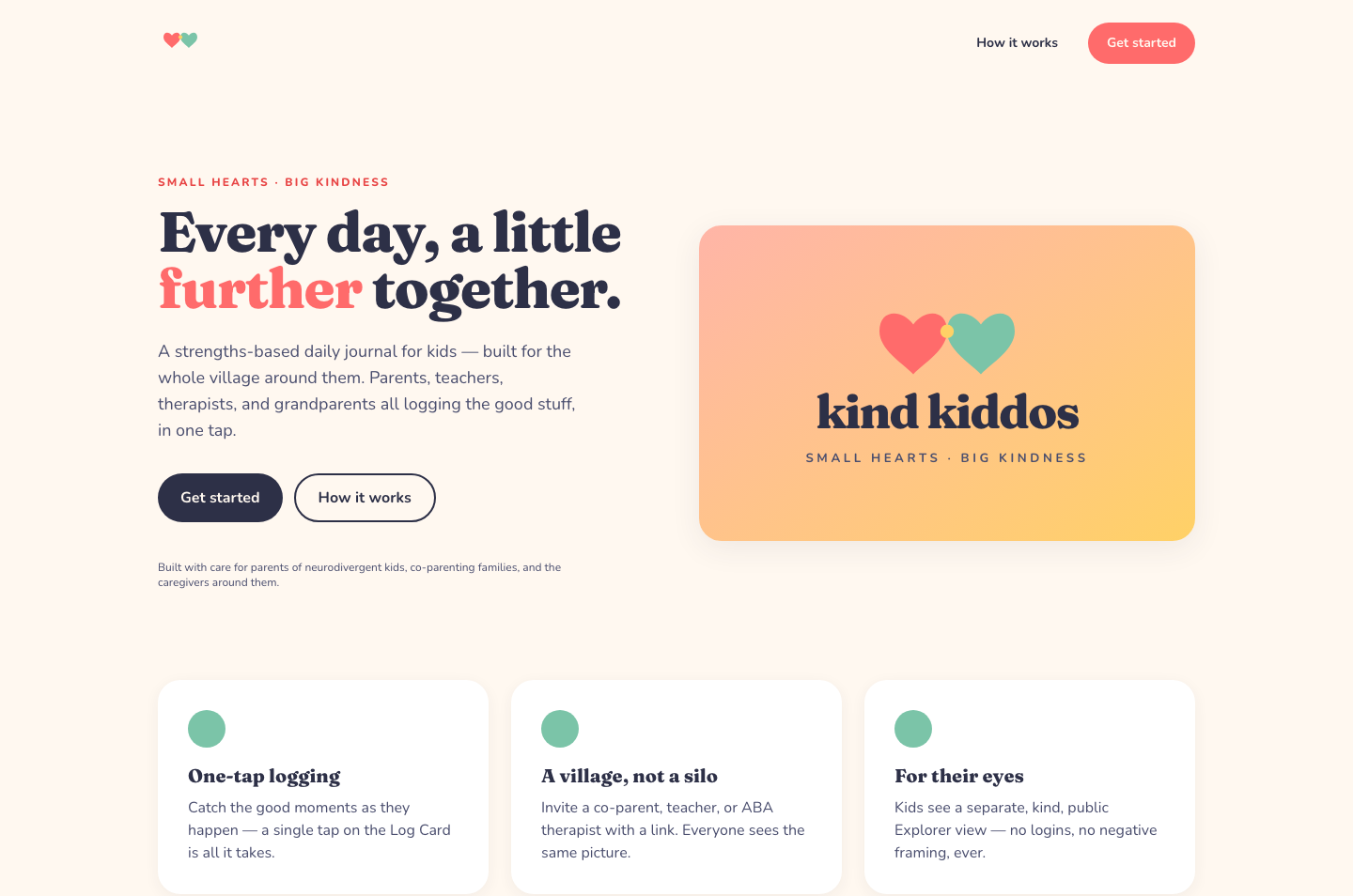 KindKiddos marketing — one-tap logging, a village not a silo, for their eyes