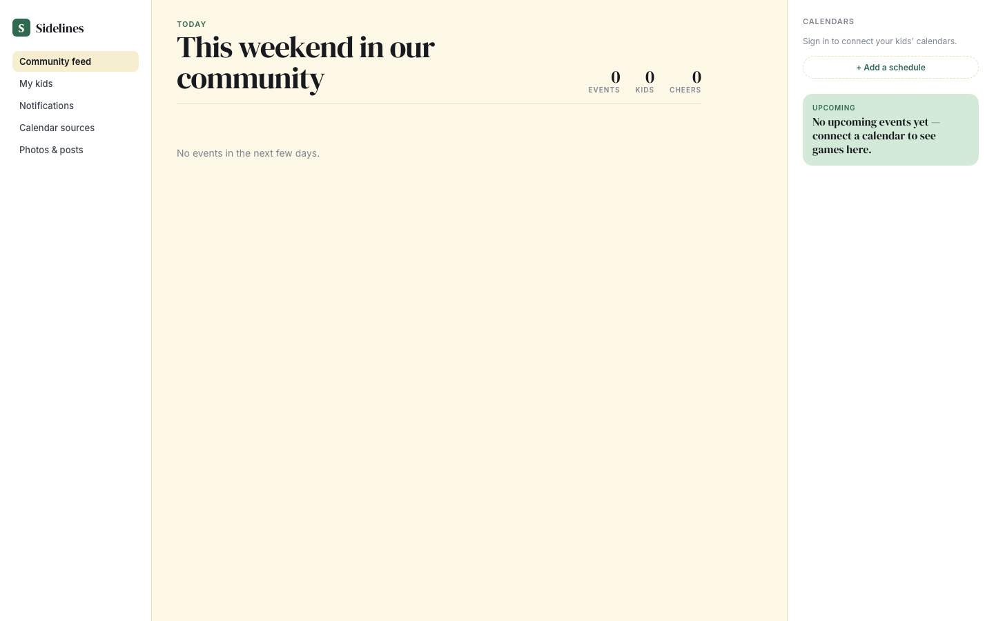 Sidelines — community feed and team schedule view
