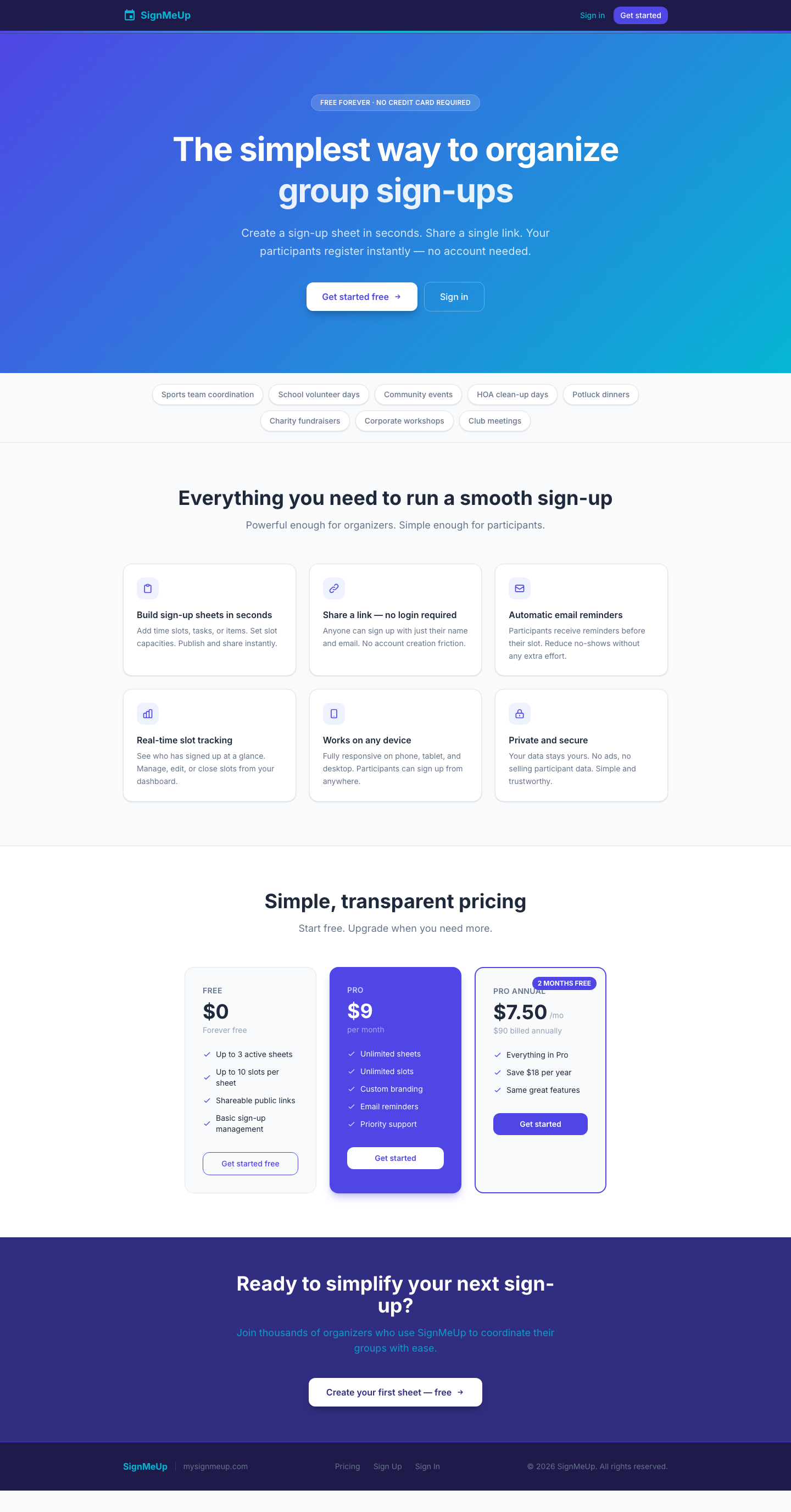 SignMeUp marketing tour — features and pricing tiers