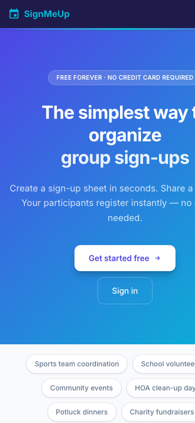SignMeUp on mobile — sign-up flow on phone